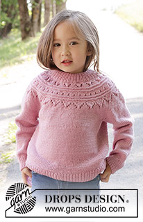 Running Circles Sweater / DROPS Children 47-8 - Dětský pulovr s kruhovým sedlem s ažurovým vzorem pletený shora dolů z příze DROPS Merino Extra Fine. Velikost 2-12 let.
