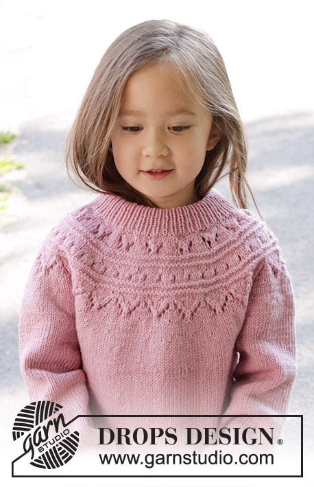 Running Circles Sweater / DROPS Children 47-8 - Knitted sweater for children in DROPS Merino Extra Fine. The piece is worked top down with round yoke, lace pattern and double neck. Sizes 2 - 12 years.