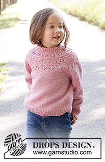 Running Circles Sweater / DROPS Children 47-8 - Lapsen ylhäältä alas neulottu pusero DROPS Merino Extra Fine -langasta. Työssä on kaarroke, pitsineuletta ja kaksinkertainen pääntien reunus. Koot 2 - 12 vuotta.