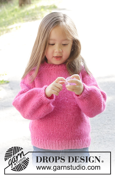 Cherry Soda / DROPS Children 47-9 - Knitted sweater for children in DROPS Air. The piece is worked top down with raglan and balloon sleeves. Sizes 2 – 12 years.
