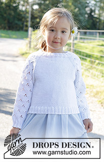 Daisy Fields / DROPS Children 48-1 - Pull tricoté de haut en bas pour enfant, en DROPS Muskat. Se tricote avec emmanchures raglan, et point ajouré sur les manches. Du 2 au 12 ans.