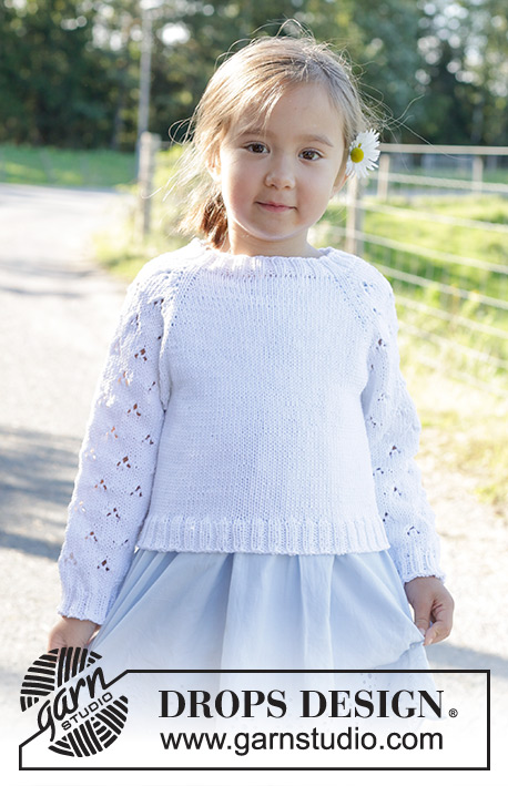Daisy Fields / DROPS Children 48-1 - Knitted sweater for children in DROPS Muskat. The piece is worked top down with raglan, and lace pattern on the sleeves. Sizes 2 – 12 years.