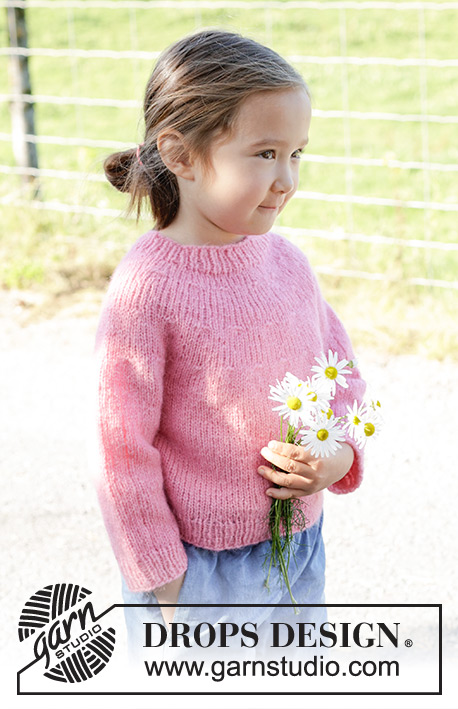 Bright Strawberry Sweater / DROPS Children 48-6 - Knitted jumper for children in DROPS Air. The piece is worked top down with round yoke. Sizes 3 – 14 years.