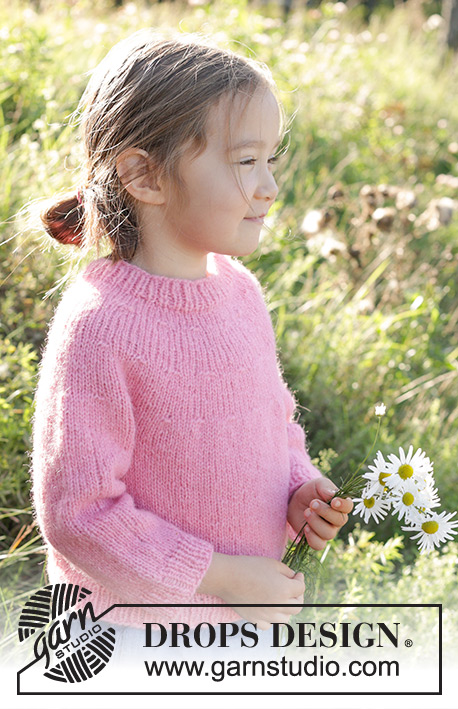 Bright Strawberry Sweater / DROPS Children 48-6 - Strikket bluse til børn i DROPS Air. Arbejdet strikkes oppefra og ned med rundt bærestykke. Størrelse 3 – 14 år.