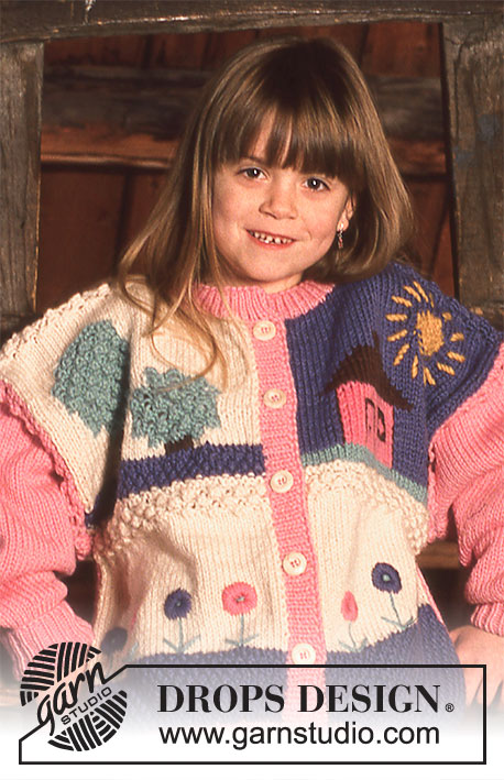 Beautiful Day / DROPS Children 6-13 - Rozpinany sweter na drutach, z włóczki DROPS Alaska, z żakardem w kwiaty i z domem. Od 3 do 12 lat
