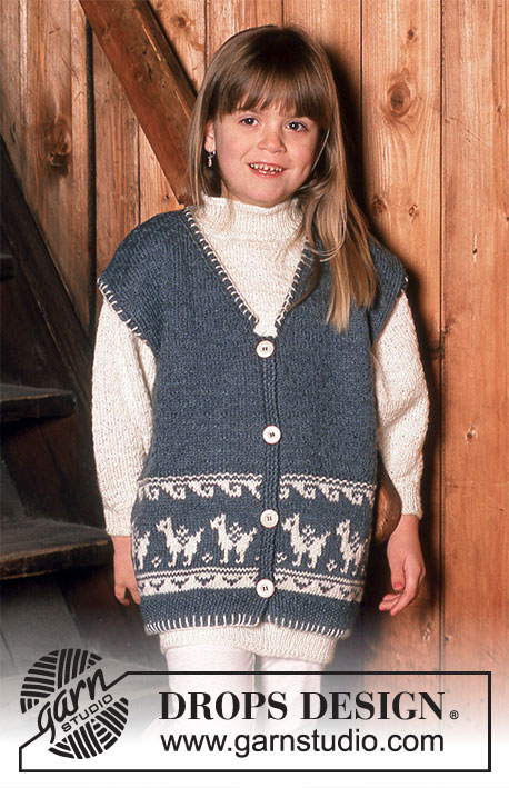 Traveling Llamas / DROPS Children 6-7 - Vest in Karisma with Llama design and Sweater in Camelia